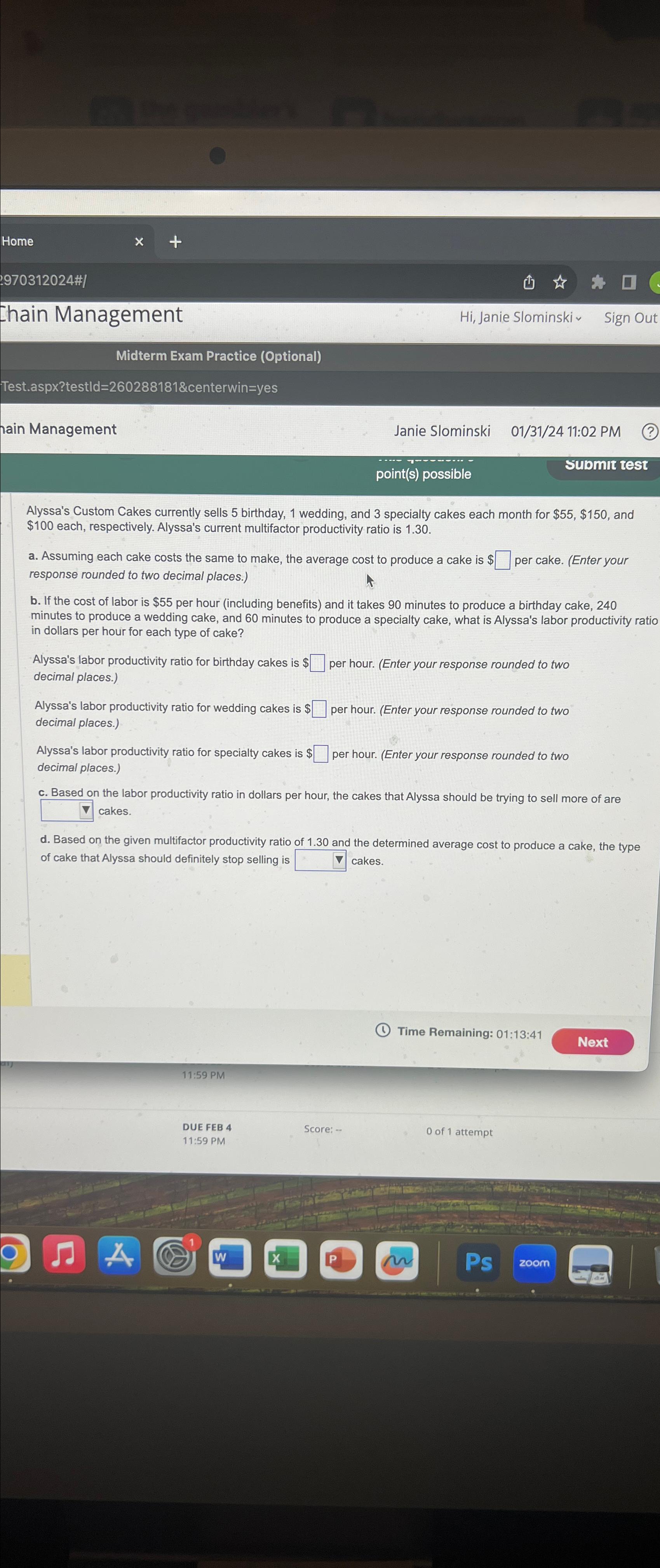  970312024#1 Chain Management Hi Janie Slominskiv Sign Out Midterm Exam Practice