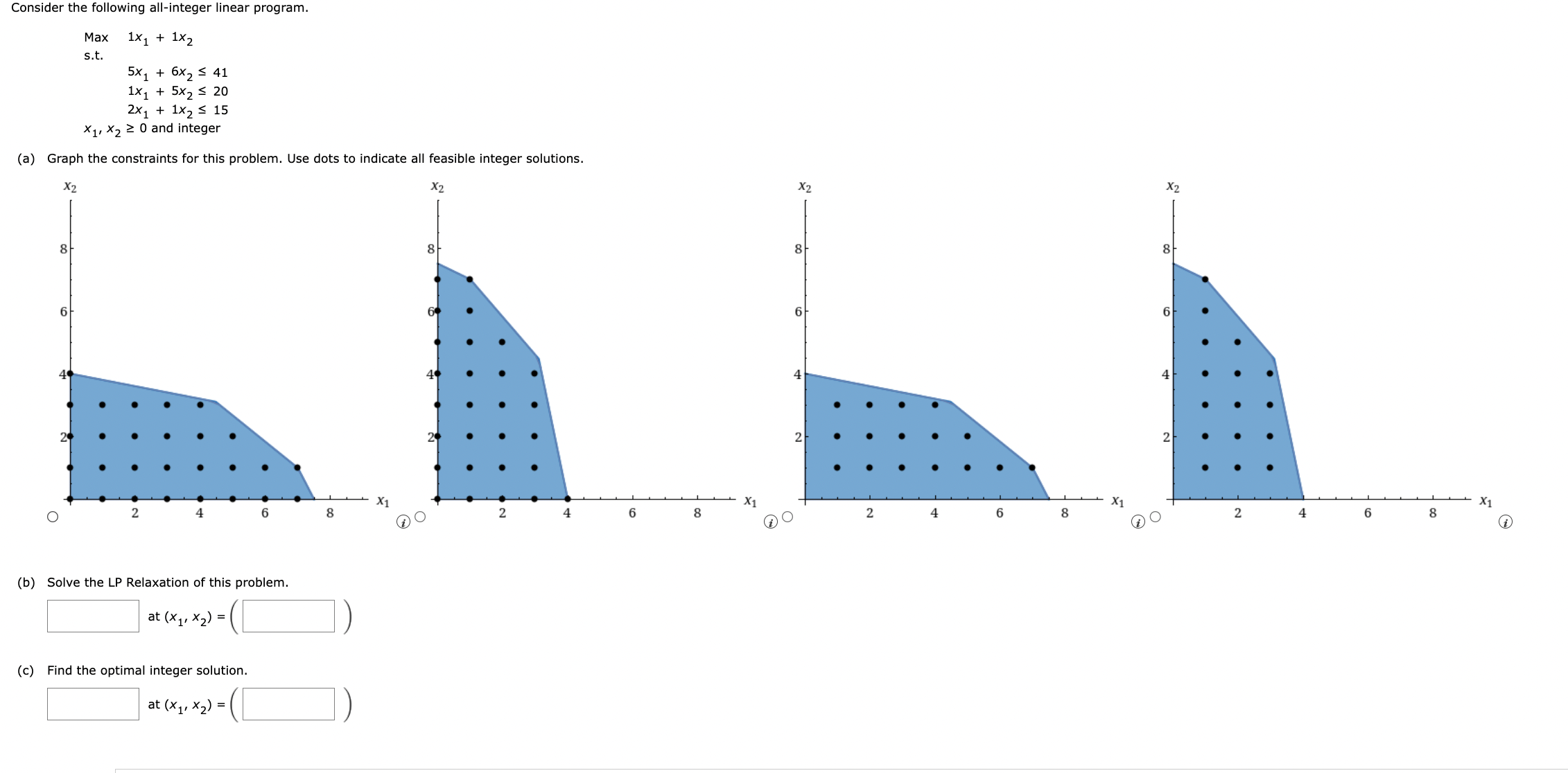  Consider the following all-integer linear program. Max 1x1+1x2 s.t. ,5x1+6x241 ,1x1+5x220