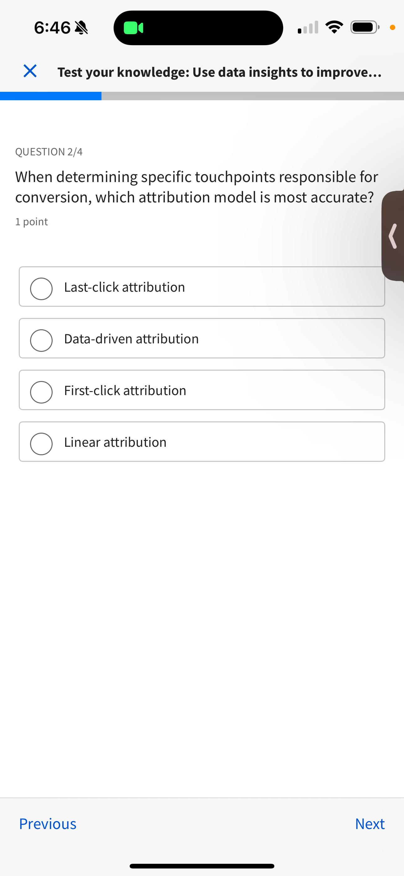  6:46 al Test your knowledge: Use data insights to improve... QUESTION