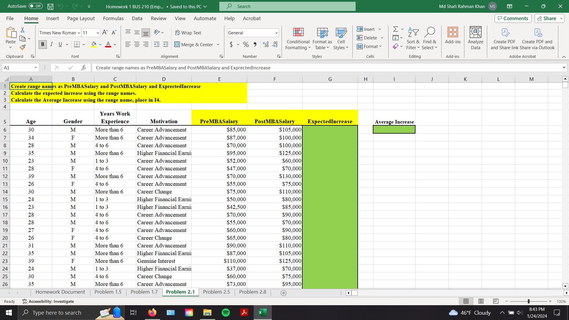  Explain how to calculate the average increase using the range name,