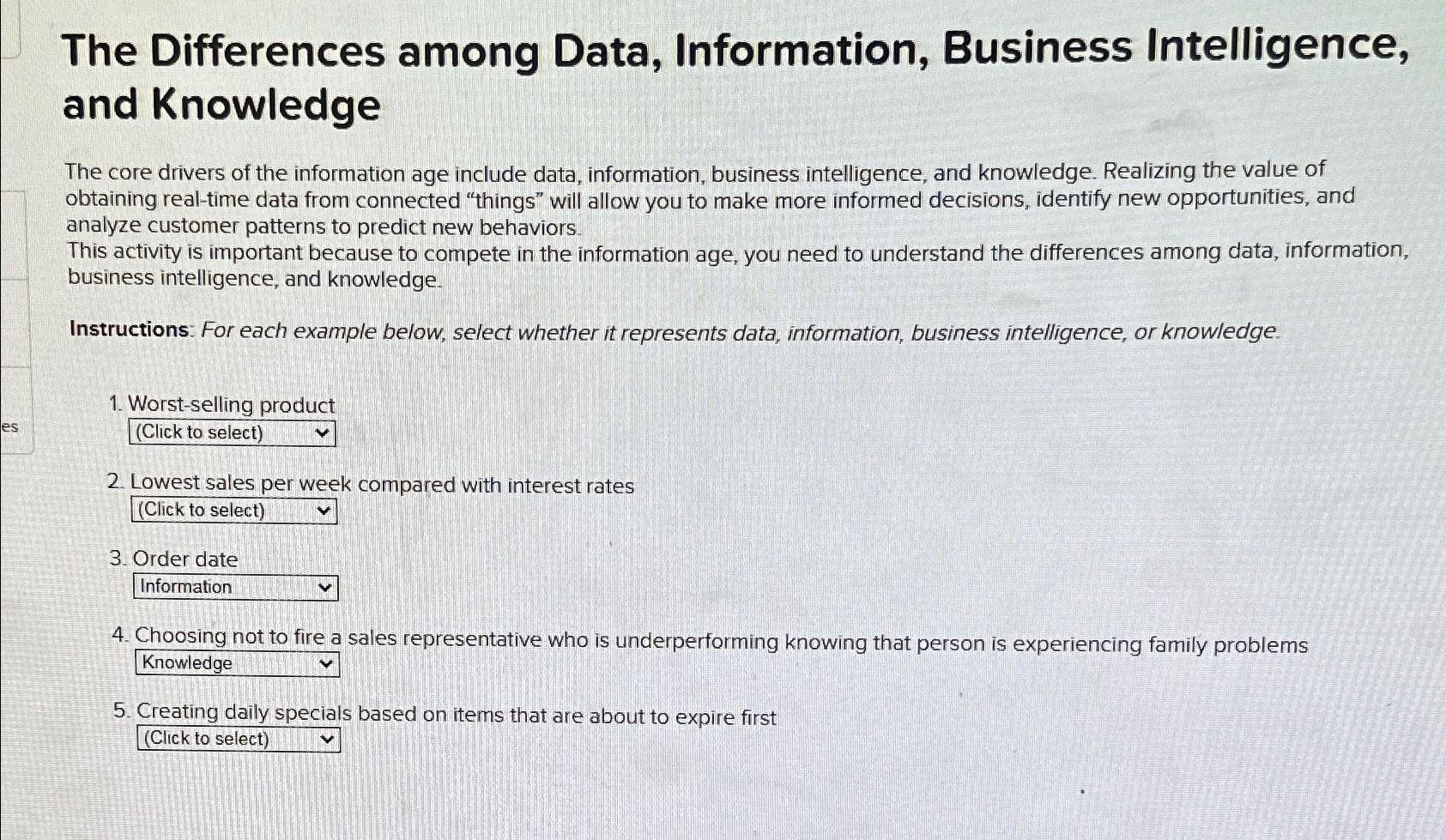  The Differences among Data, Information, Business Intelligence, and Knowledge The core