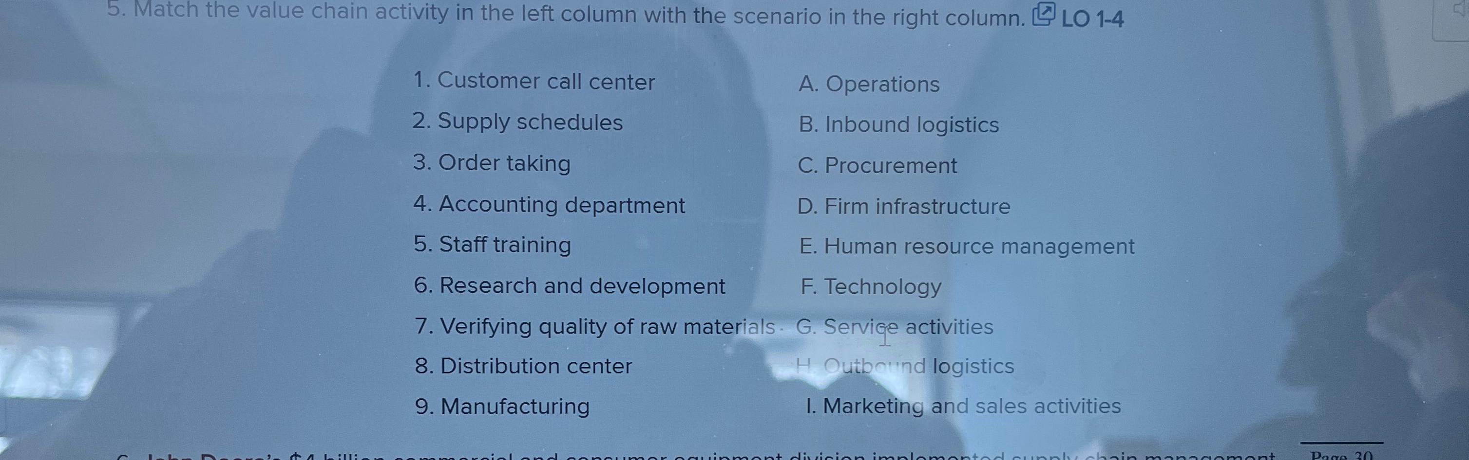  Match the value chain activity in the left column with the