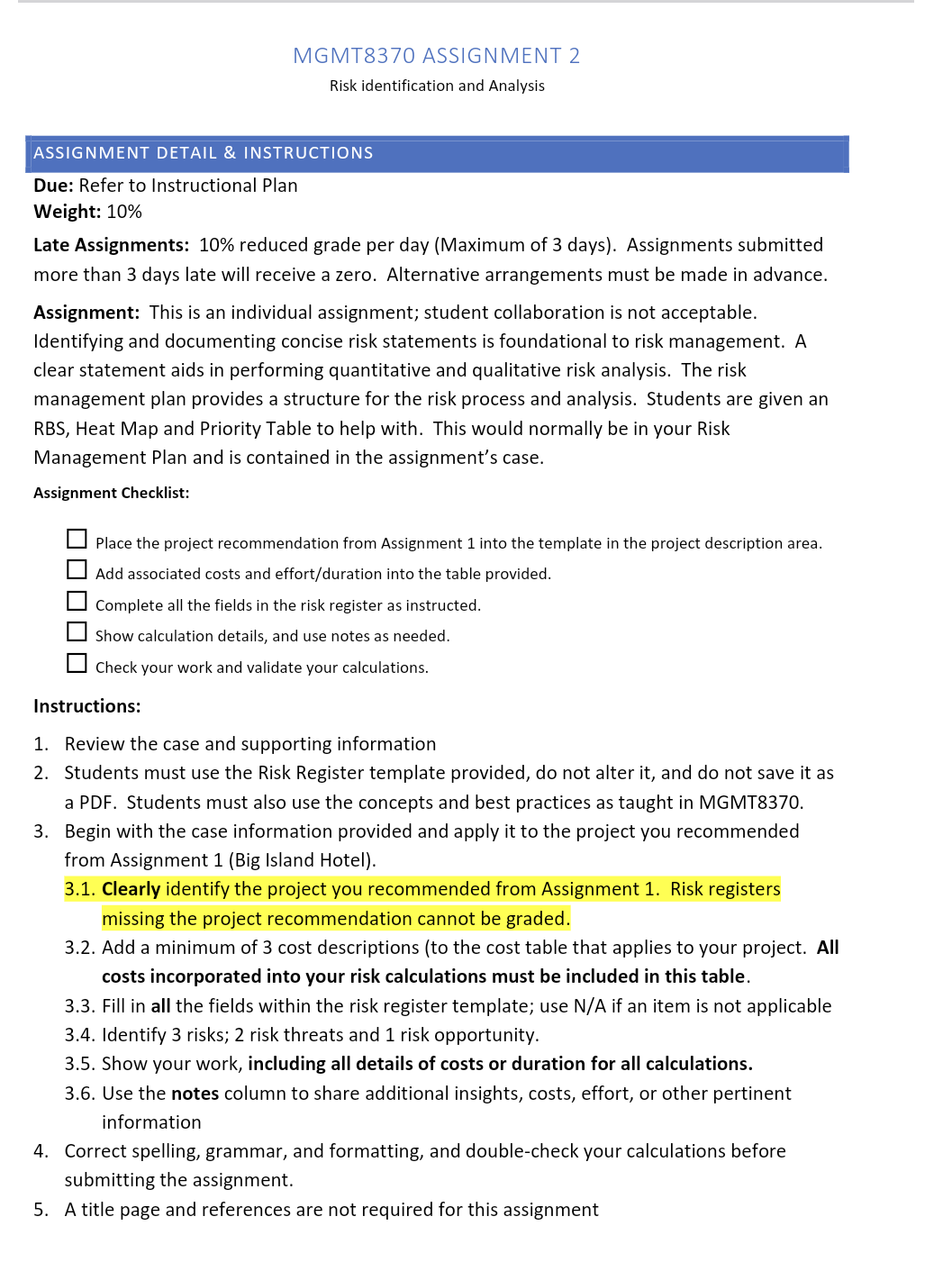 MGMT8370 ASSIGNMENT 2 Risk identification and Analysis ASSIGNMENT DETAIL \& INSTRUCTIONS