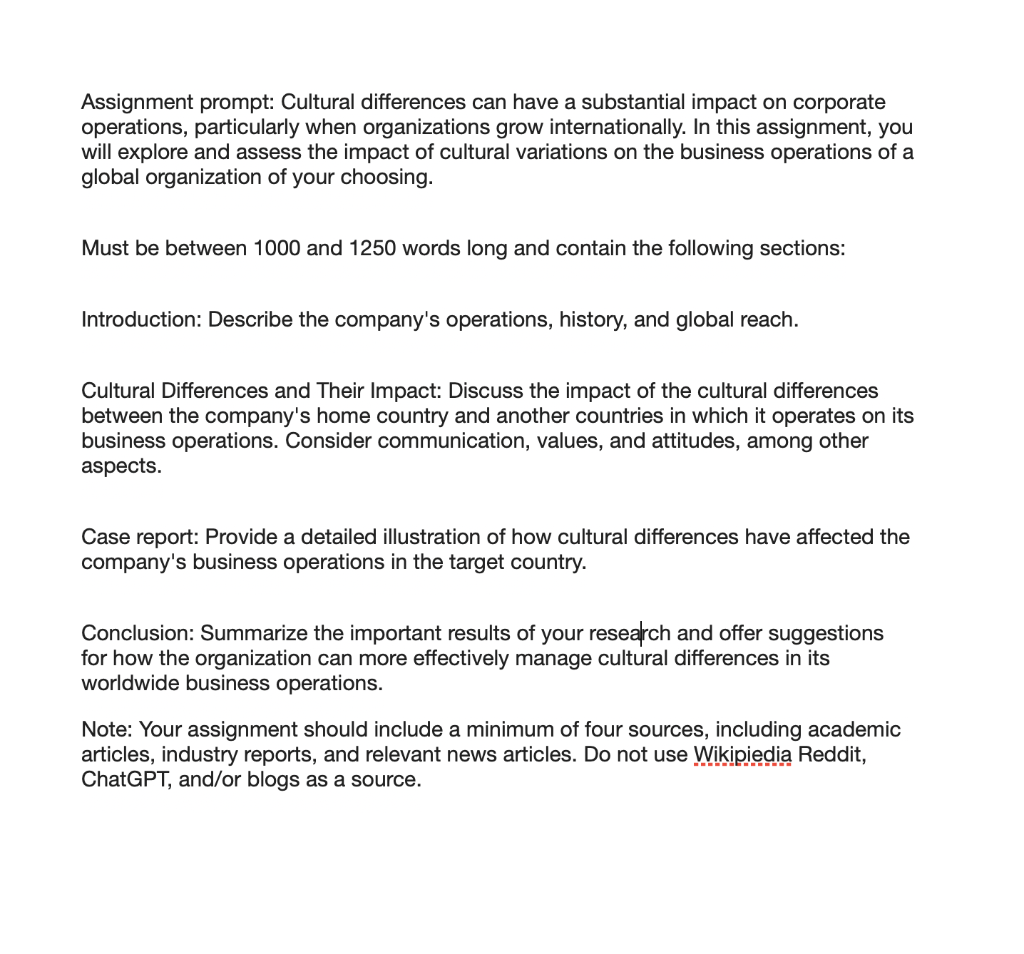 Assignment prompt: Cultural differences can have a substantial impact on corporate