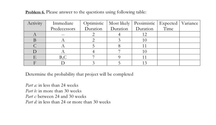  Problem 6. Please answer to the questions using following table: Determine