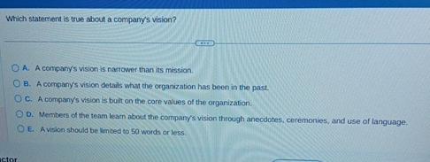  Which statement is true about a companys vision? A. A companys
