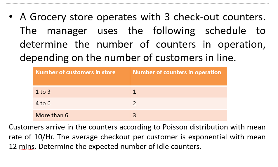 - A Grocery store operates with 3 check-out counters. The manager