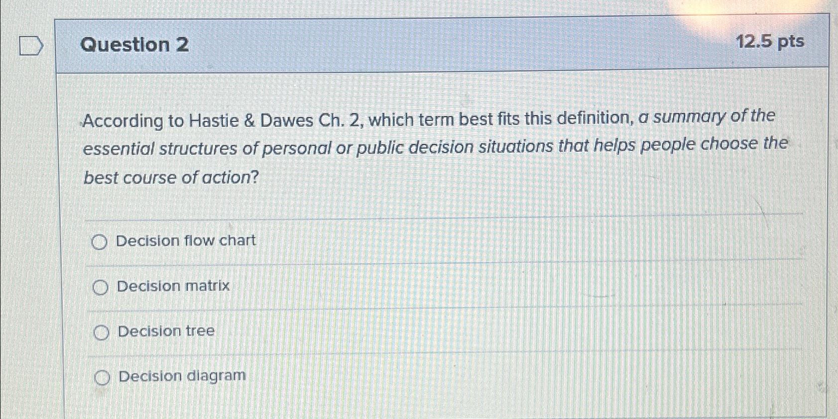  Question 2 12.5pts According to Hastie & Dawes Ch.2, which term