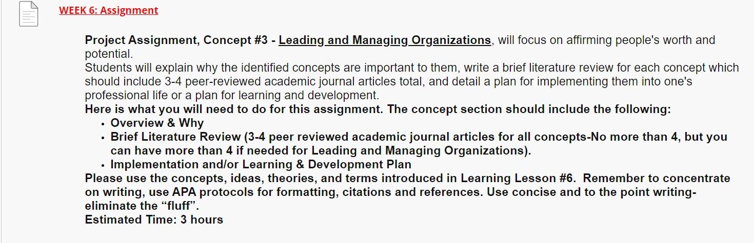 Project Assignment, Concept \#3 - Leading and Managing Organizations, will focus