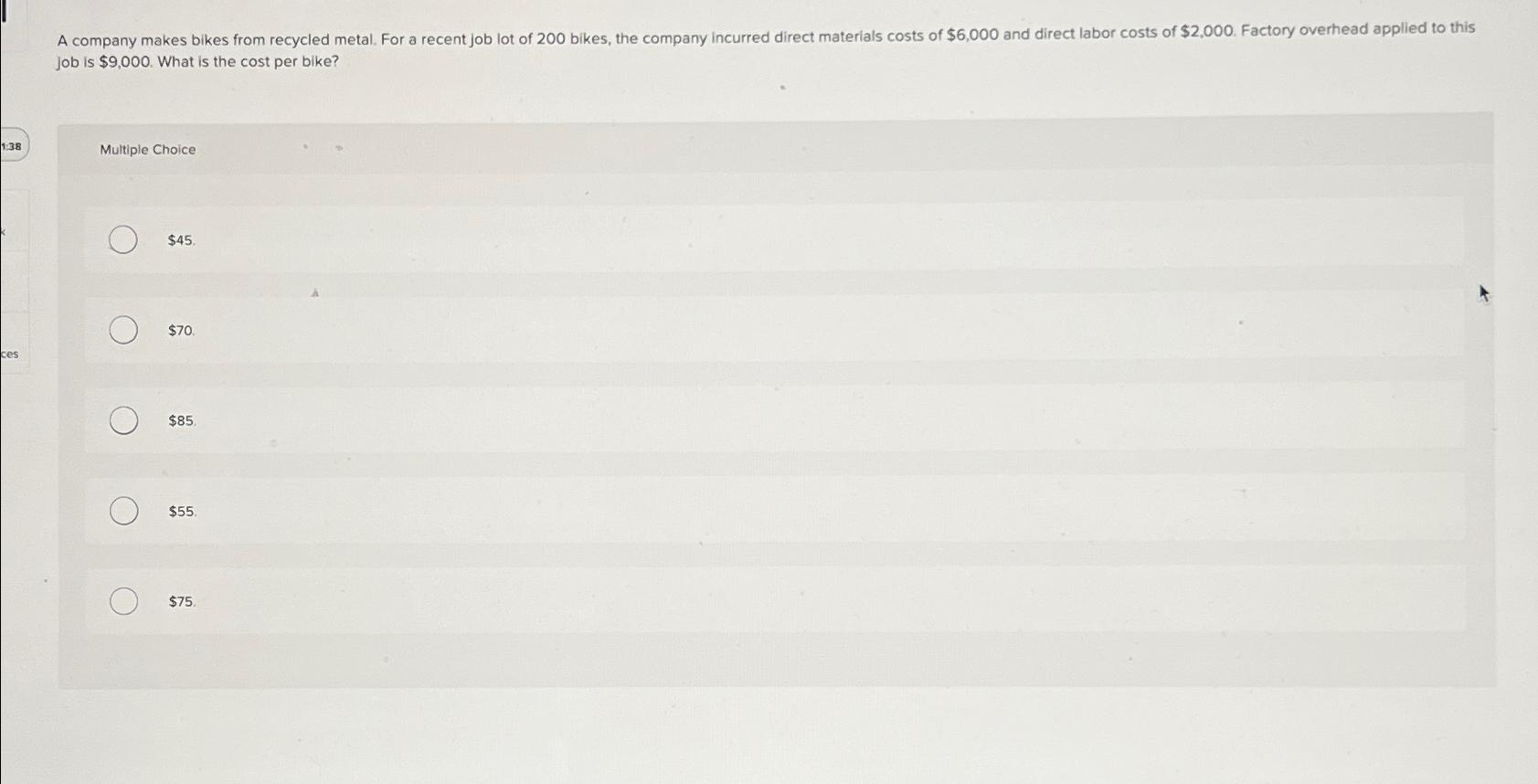  job is $9,000. What is the cost per blke? Multiple Choice