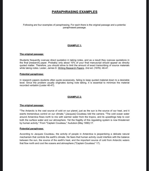 RESEARCH REPORT 1 PART 5: PARAPHRASING This assignment will focus on paraphrasing.