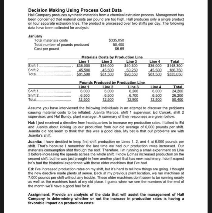 analysis of the data that will assist the management of Hall Company