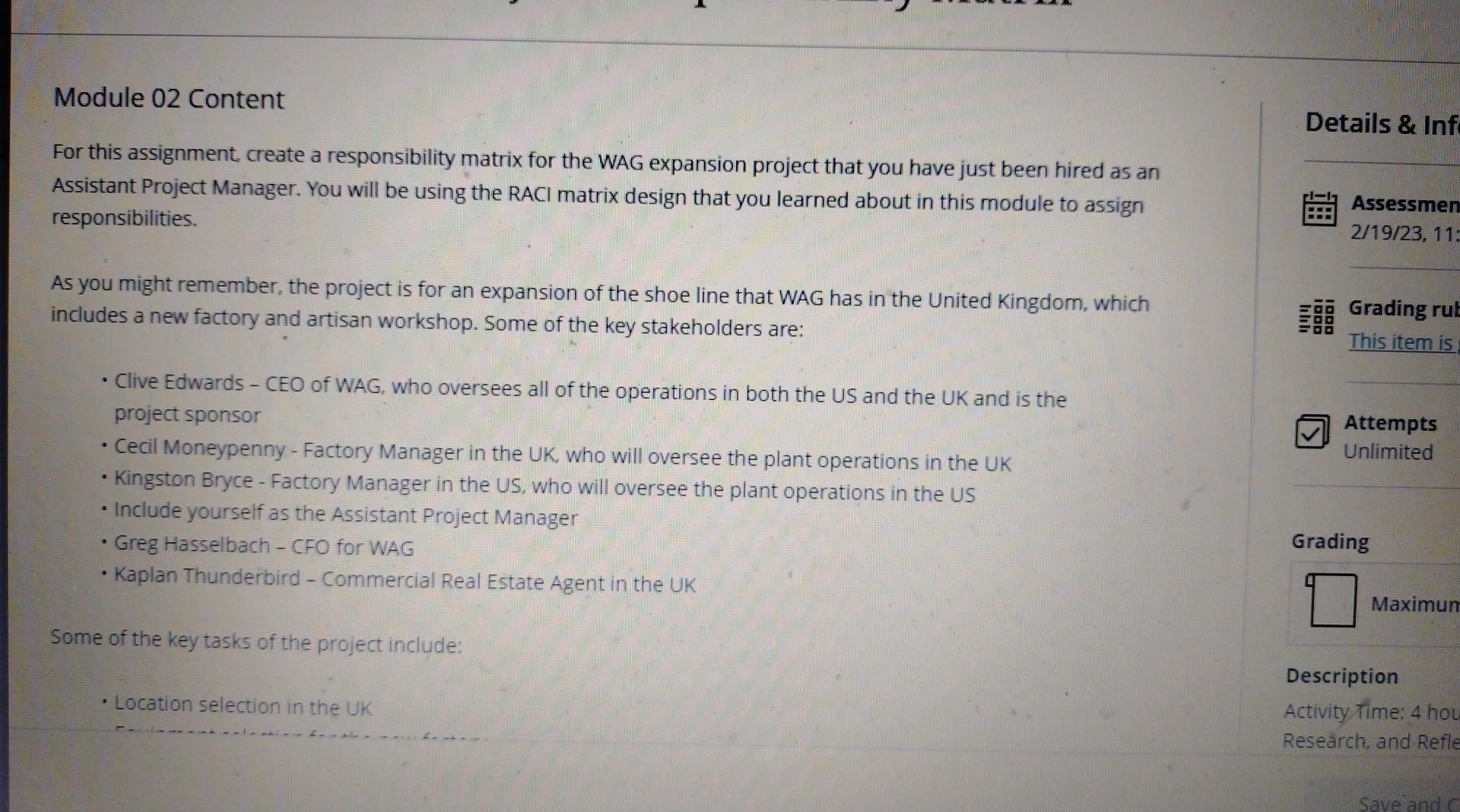  Module 02 Content For this assignment, create a responsibility matrix for