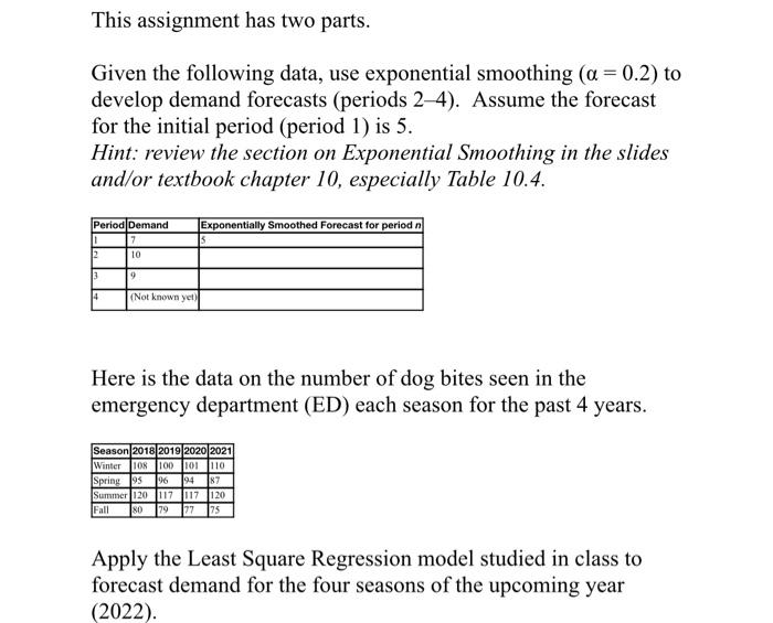  This assignment has two parts. Given the following data, use exponential