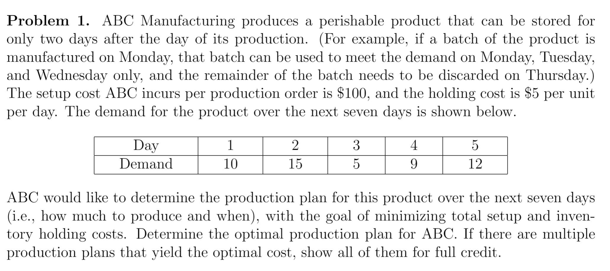  Problem 1. ABC Manufacturing produces a perishable product that can be