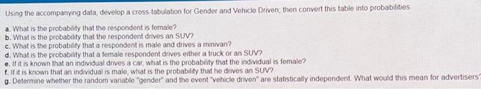  Asap please Using the accompanying data, develop a cross-tabulation for Gender