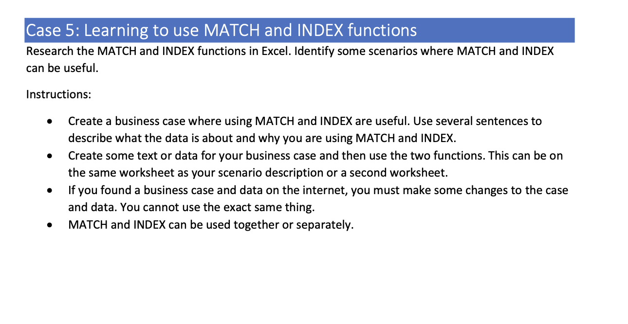  Case 5: Learning to use MATCH and INDEX functions Research the
