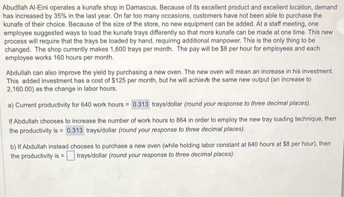 how to solve question b? Abudllah Al-Eini operates a kunafe shop in