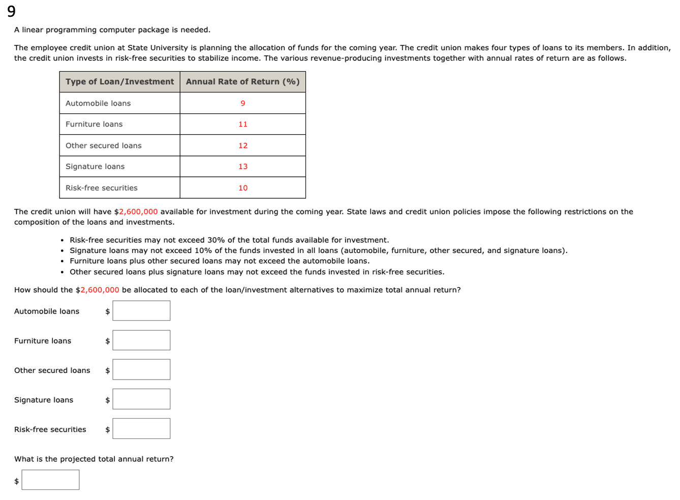  A linear programming computer package is needed. composition of the loans
