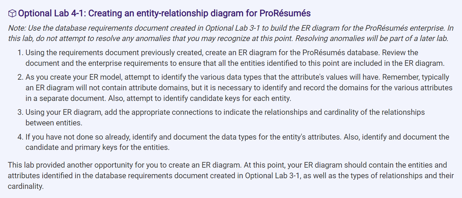 Optional Lab 4-1: Creating an entity-relationship diagram for ProRsums Note: Use the