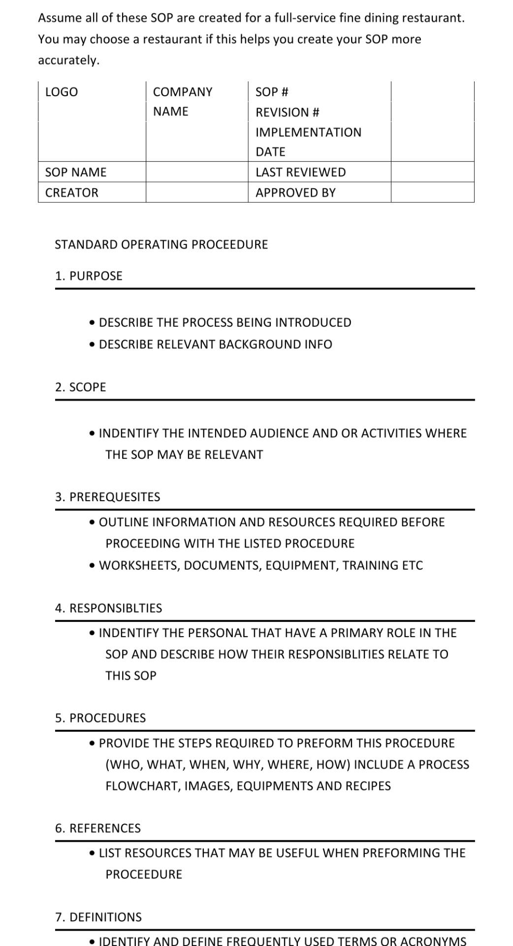 Create a standard operating procedure (S.O.P) for a full service dining restaurant