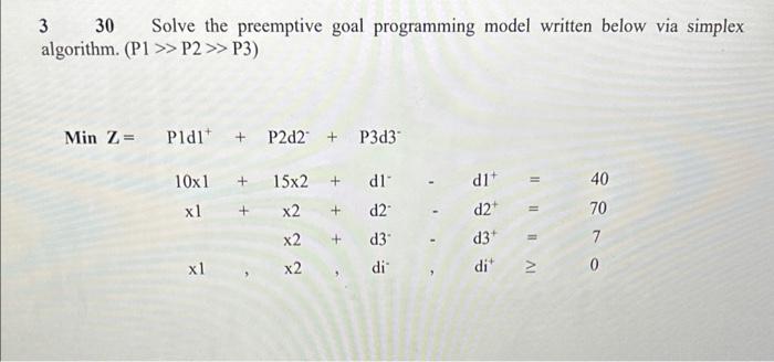  330 Solve the preemptive goal programming model written below via simplex