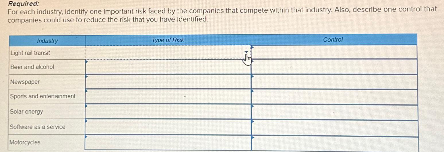 Required: For each industry, identify one important risk faced by the