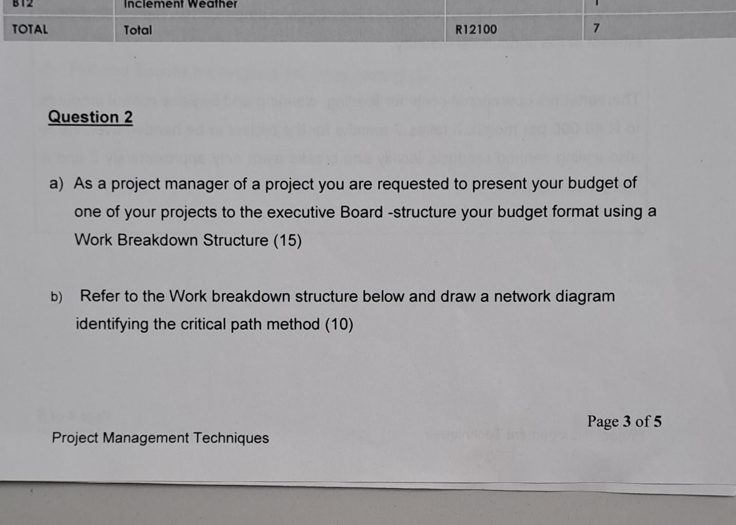  need answer for the problem subject: project management and techquies Question