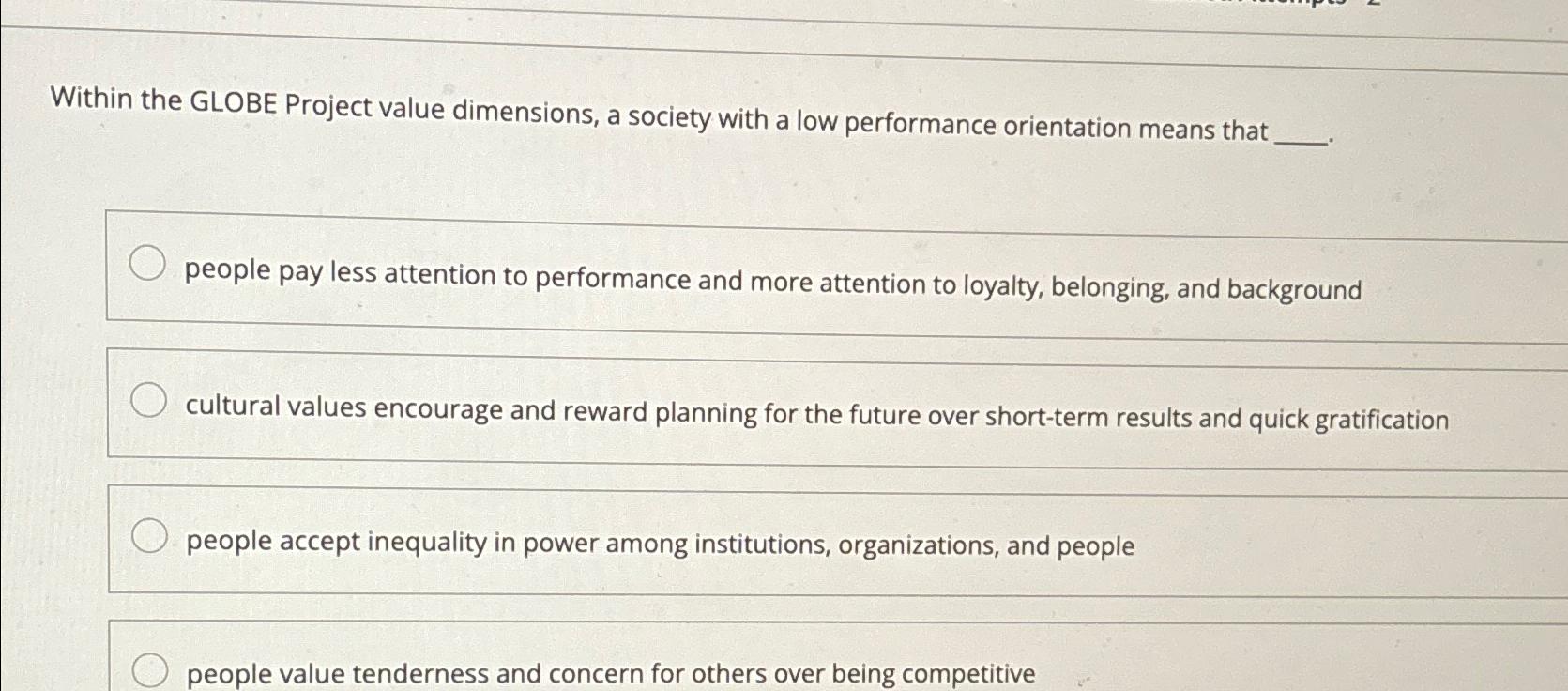  Within the GLOBE Project value dimensions, a society with a low