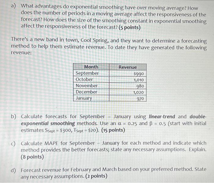  a) What advantages do exponential smoothing have over moving average? How