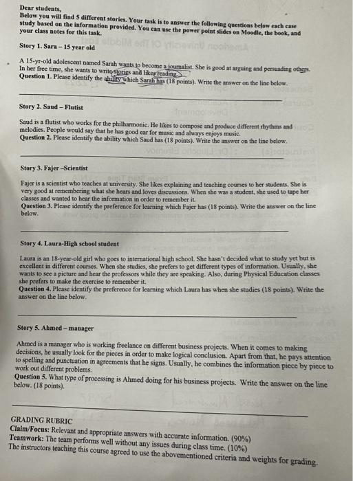  Dear students, Below you will find 5 different steries. Your task