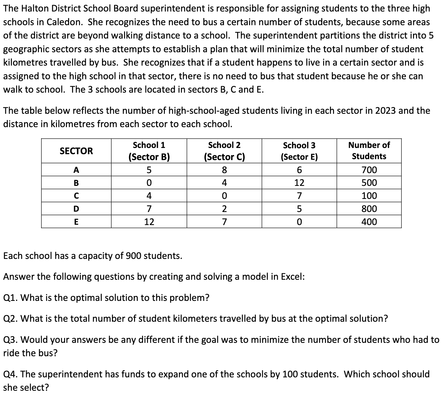 How many students from Sector A are bussed to School 3? Which