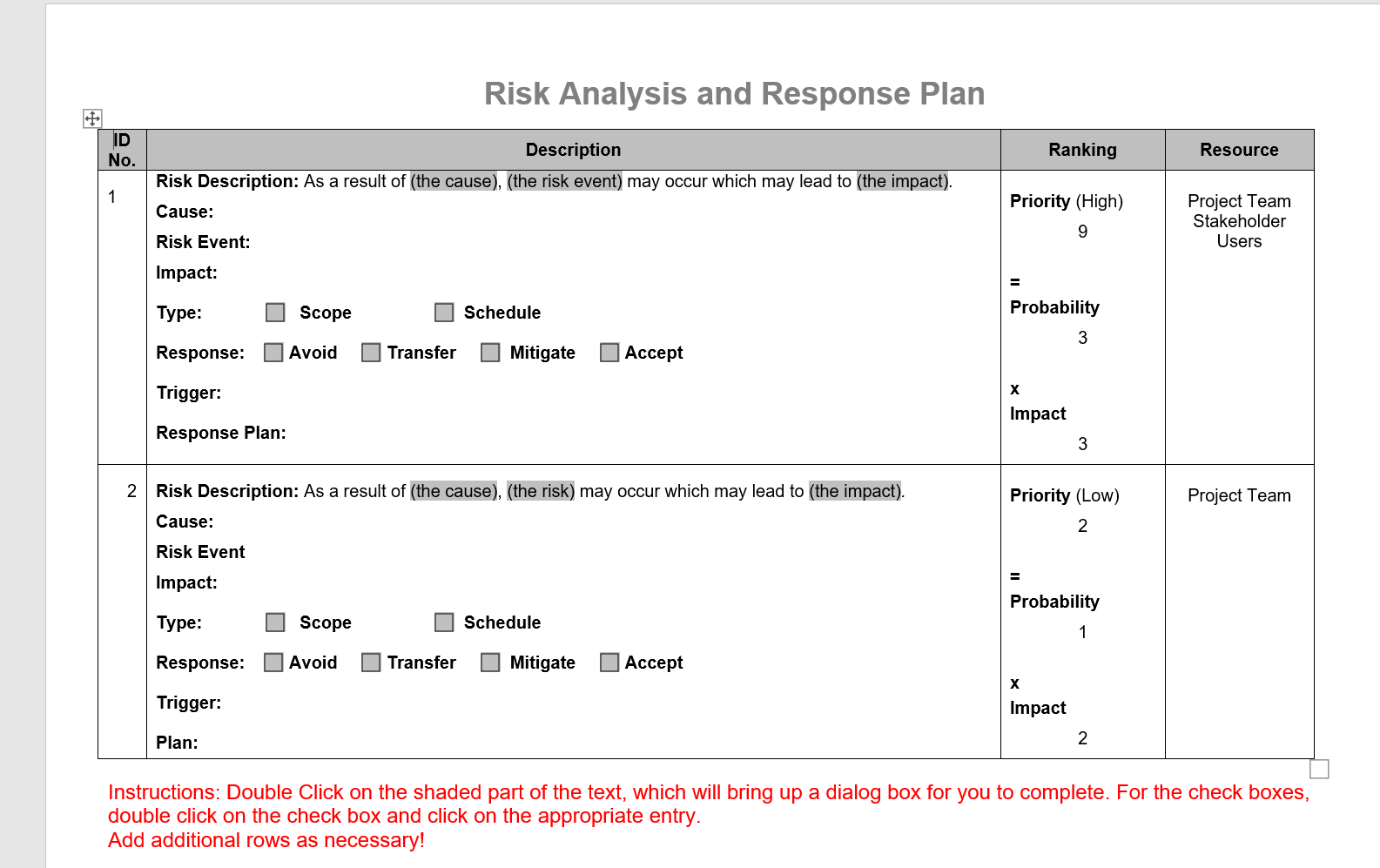 project. You will need to identify at least 10 risks that are
