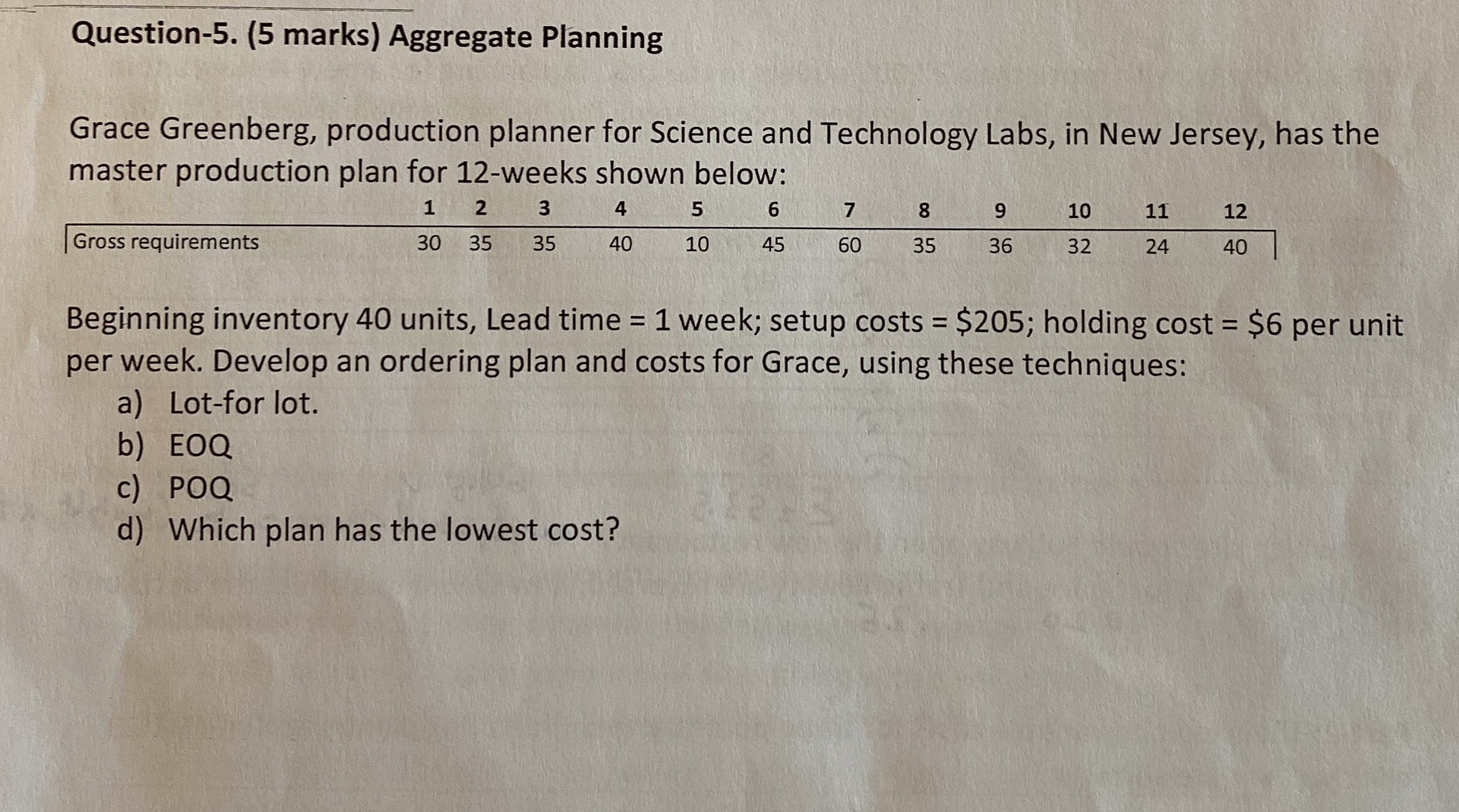  Question-5.(5 marks) Aggregate Planning Grace Greenberg, production planner for Science and