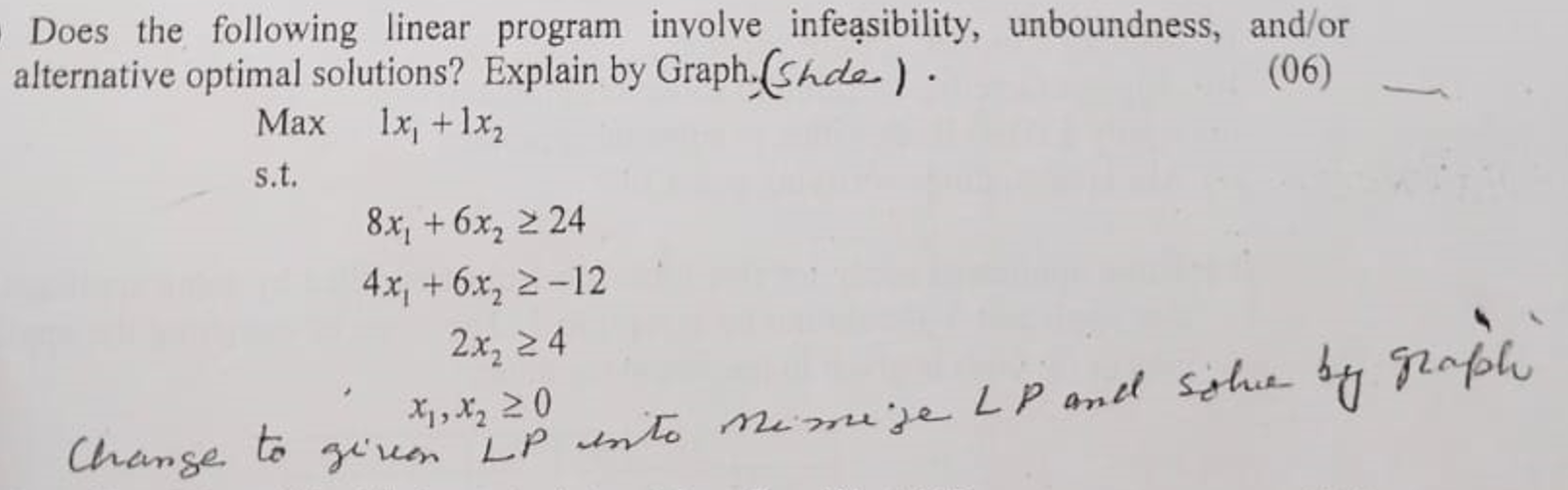  i) Does the following linear program involve infeassibility, unboundness, and/or alternative