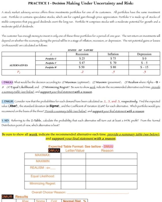 PRACTICE 1 - Decision Making Under Uncertainty and Risk: A stock