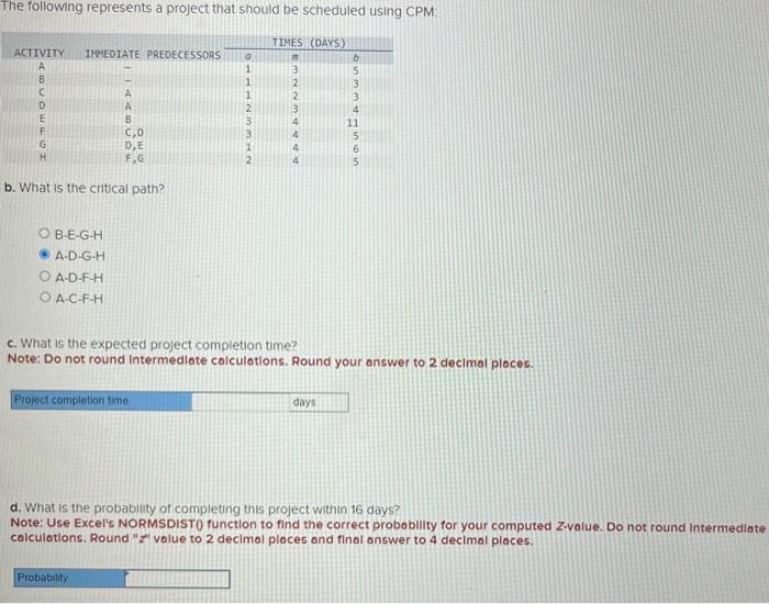  The following represents a project that should be scheduled using CPM: