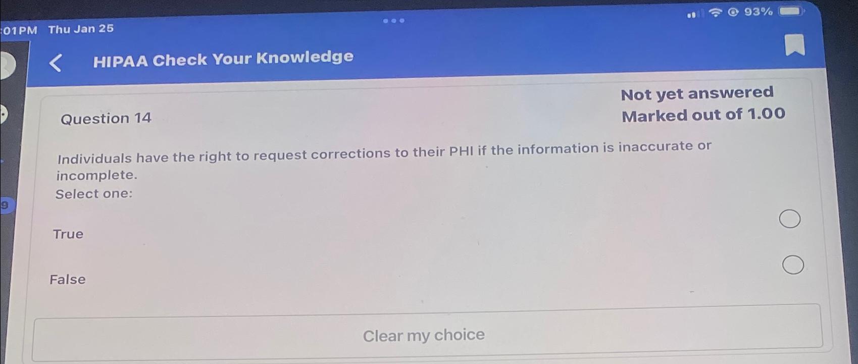  Thu Jan 25 HIPAA Check Your Knowledge Question 14 Not yet