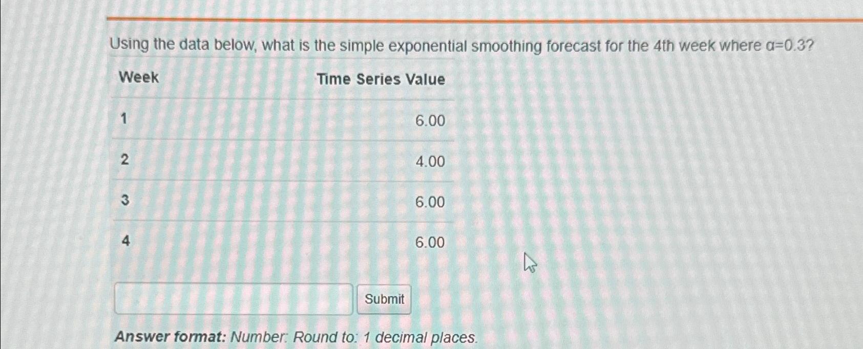  Using the data below, what is the simple exponential smoothing forecast