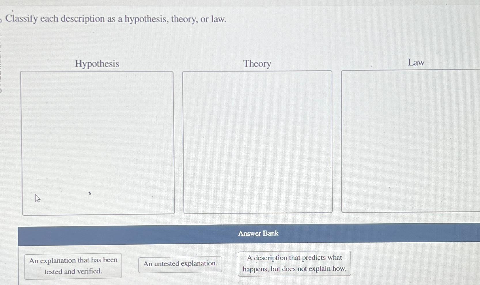  Classify each description as a hypothesis, theory, or law. Hvpothesis Law