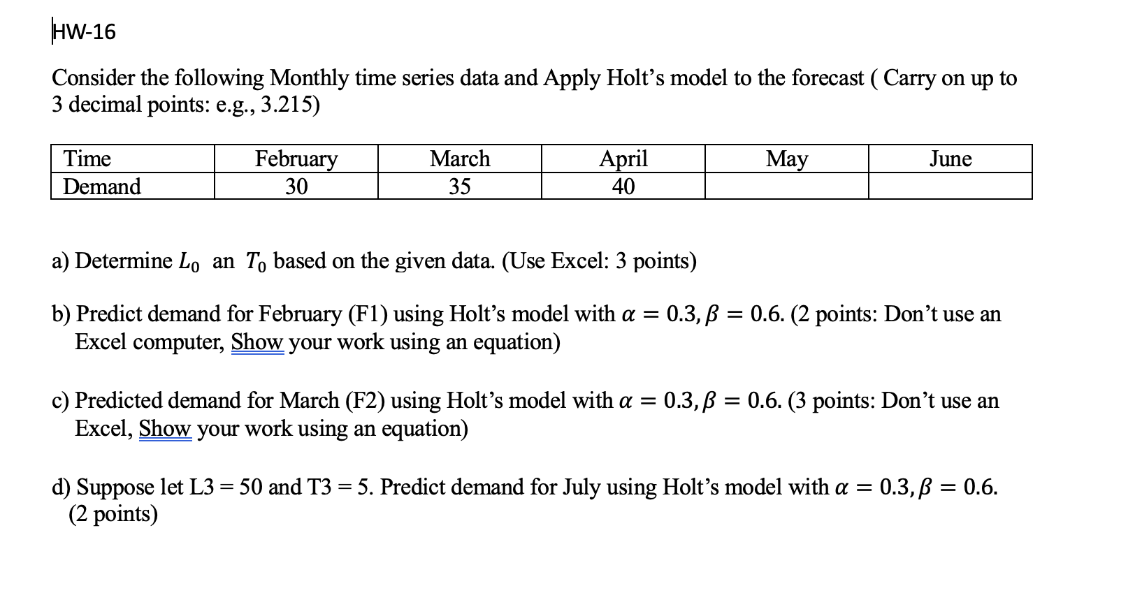  Consider the following Monthly time series data and Apply Holt's model
