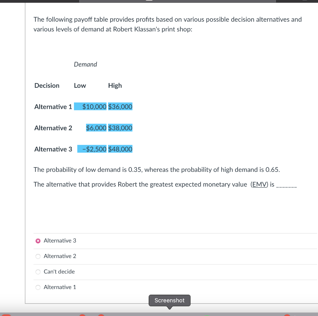 The following payoff table provides profits based on various possible decision