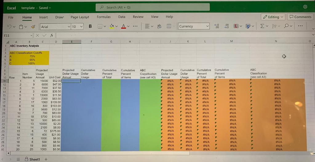 the spreadsheet and perform the ABC analysis to answer the questions below.
