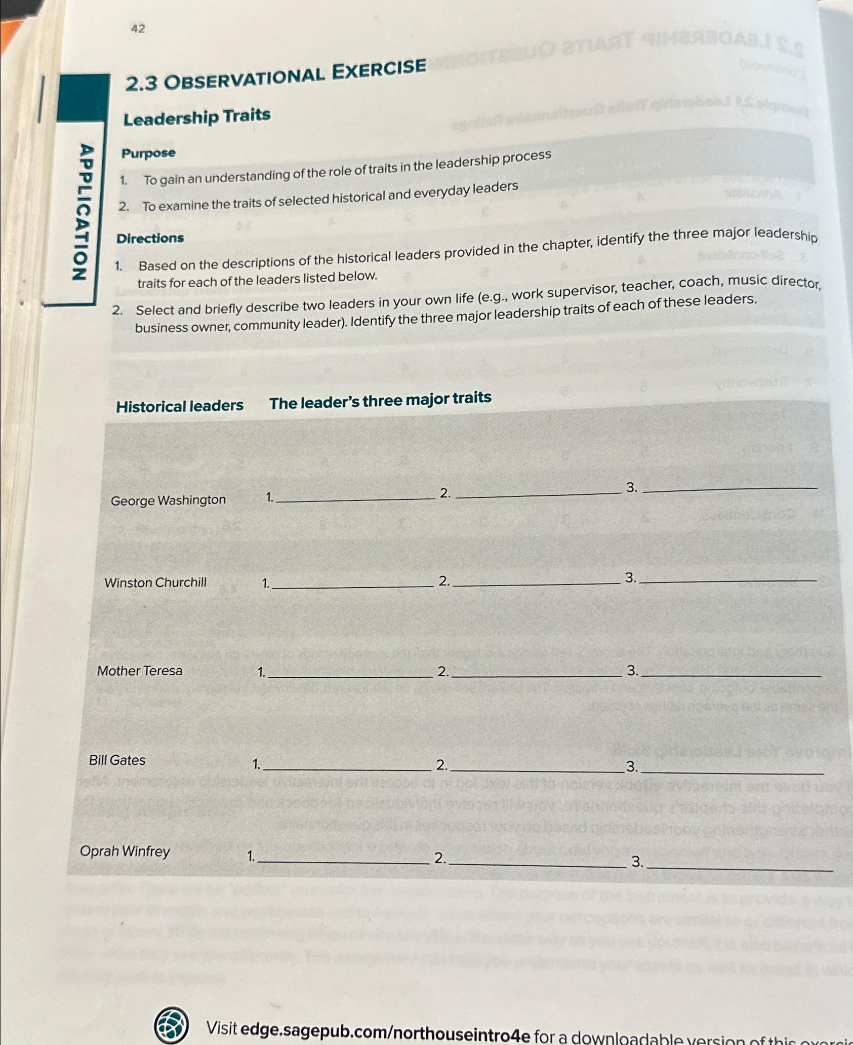  42 2.3 OBSERVATIONAL EXERCISE Leadership Traits Purpose To gain an understanding