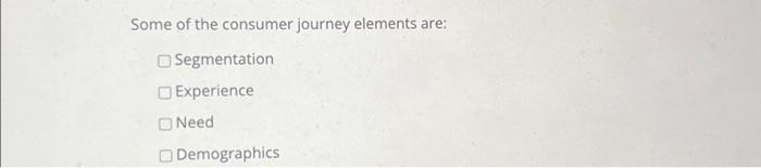  Some of the consumer journey elements are: Segmentation Experience Need Demographics