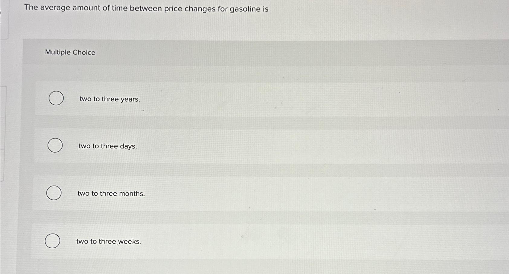  The average amount of time between price changes for gasoline is