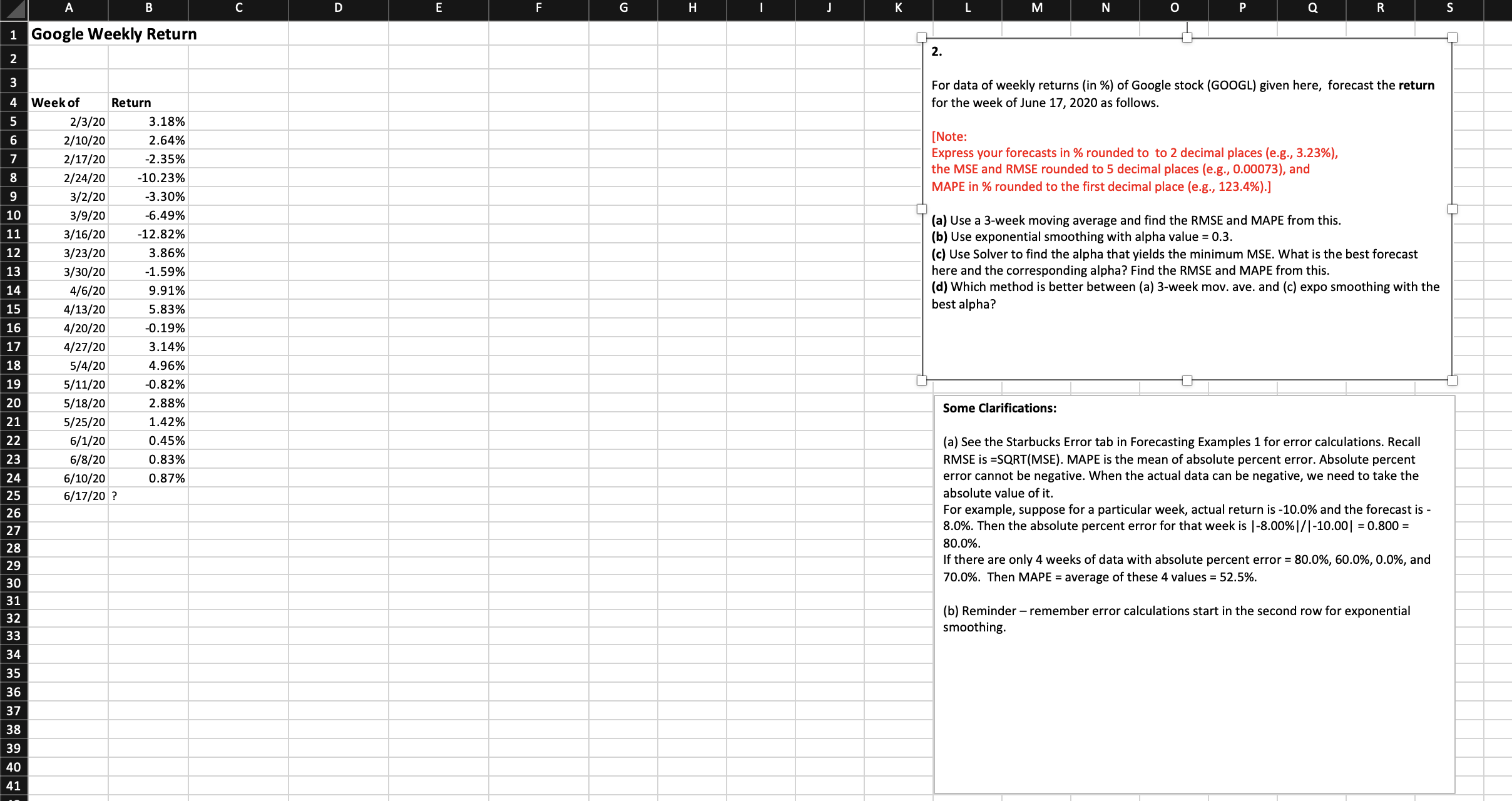  Google Weekly Return 2. For data of weekly returns (in \%)