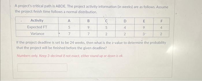 weeks) are as follows. Assume the project finish time follows a normal