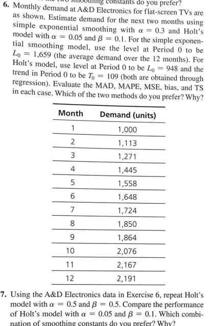  6. Monthly demand at A\&D Electronics for flat-screen TVs are as