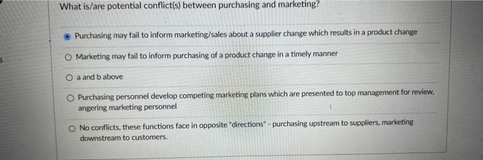  What is/are potential conflict(s) between purchasing and marketing? Purchasing may fail